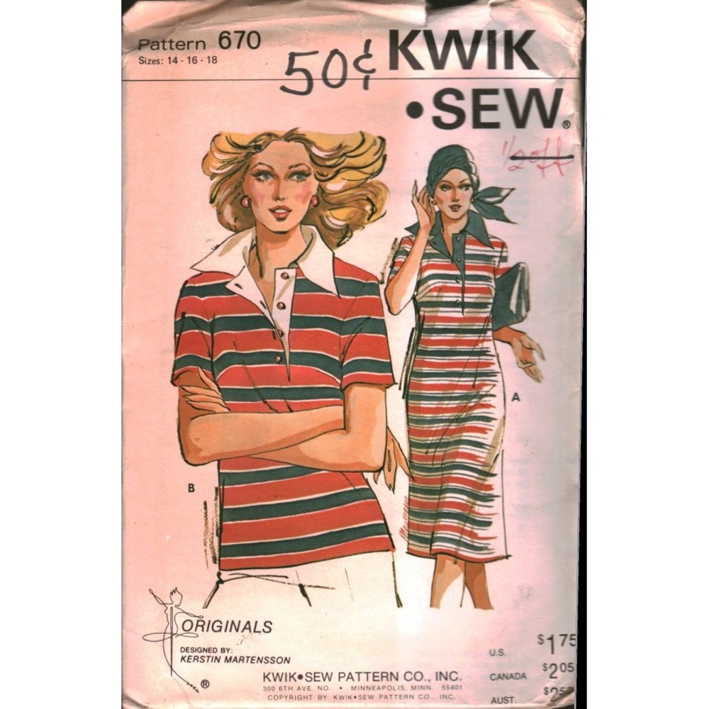 Vintage Kwik Sew 670 Knit Dress Top Pattern Kerstin Martensson Sizes 14-18 Retro